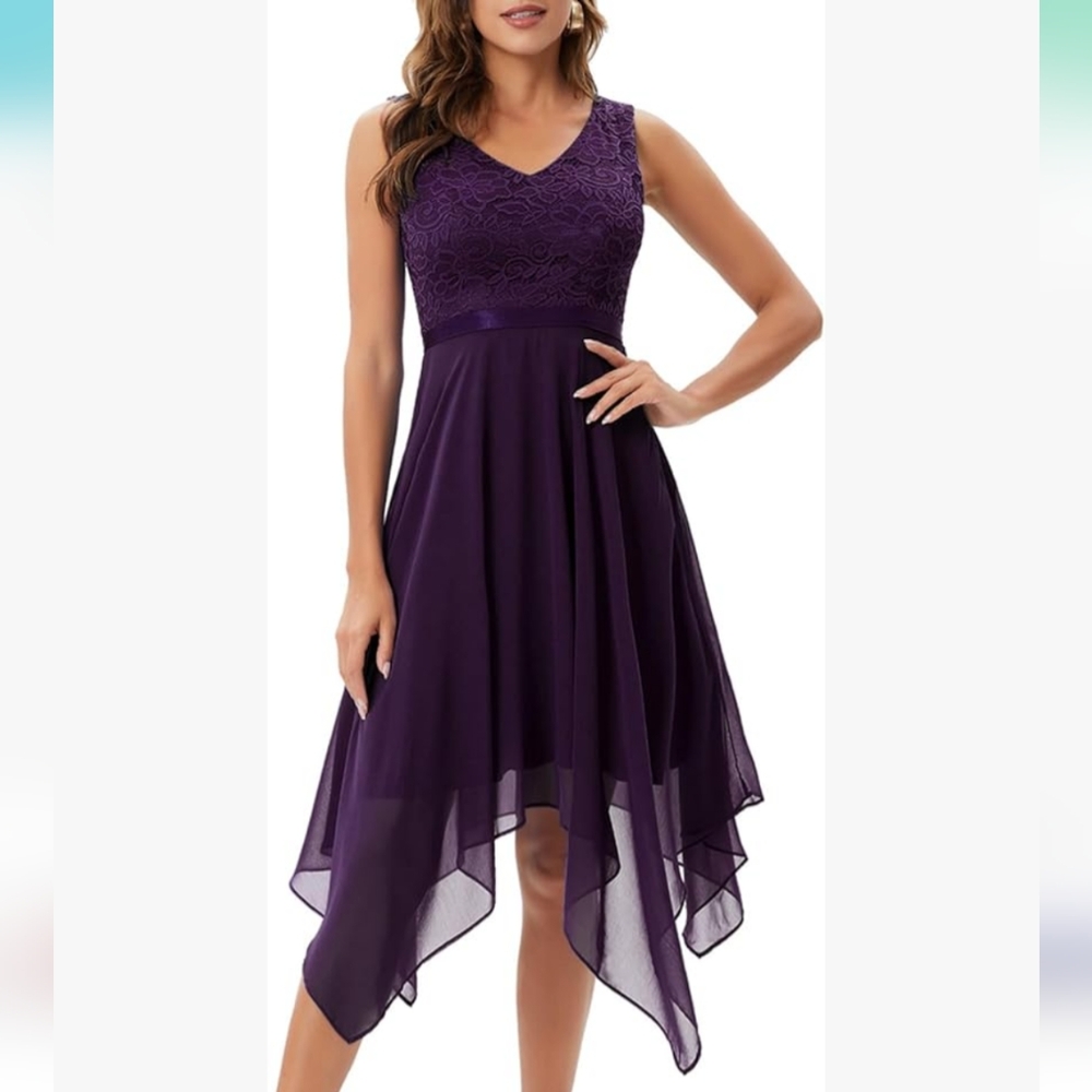 Meetjen Women's Purple Lace Cocktail Asymmetrical Chiffon Hem Dress Size Small